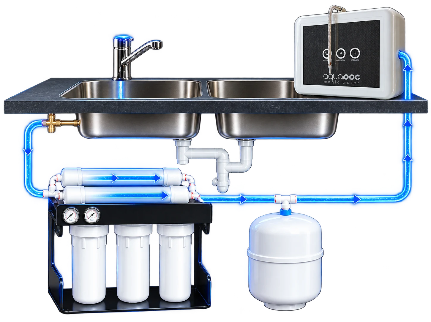 Схема установки AQUADOC: холодная вода, предфильтр обратного осмоса с гидроаккумулятором, AQUADOC